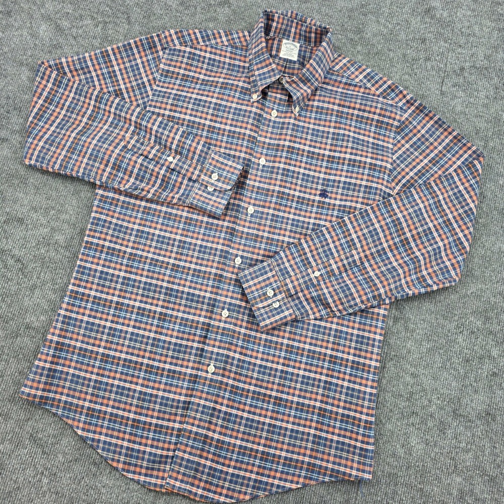 Brooks Brothers Regent Plaid Shirt Mens Large Blue Orange Non-Iron Supima Cotton